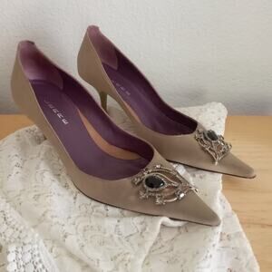 Vintage LERRE RYKIEL Pumps Swarovski SZ 39 * 8.5 Taupe Satin Heels RARE COLAB